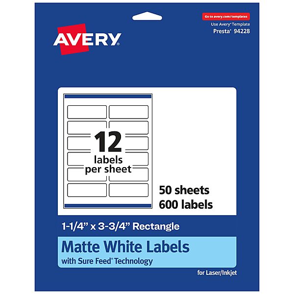 Avery Matte White Rectangle Labels, Sure Feed Technology, 1.25" x 3.75"