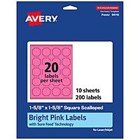 AVERY Printable Square Scalloped Labels, Sure Feed Technology, 1-5/8" x 1-5/8", Bright Pink, Print-to-Edge, Laser/Inkjet