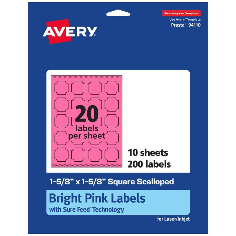 AVERY Printable Square Scalloped Labels, Sure Feed Technology, 1-5/8" x 1-5/8", Bright Pink, Print-to-Edge, Laser/Inkjet