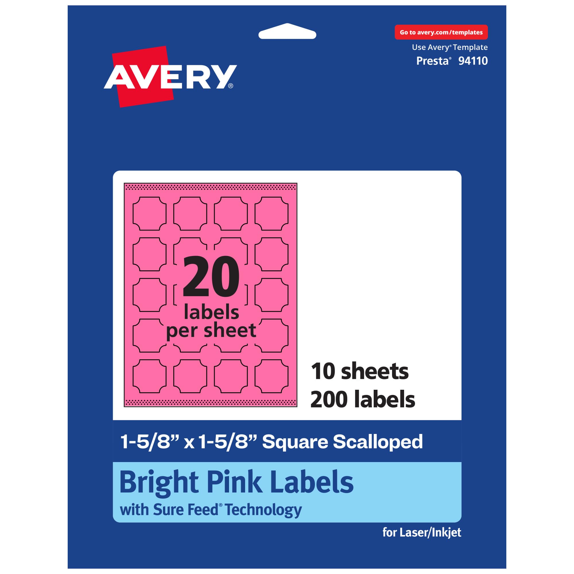 AVERY Printable Square Scalloped Labels, Sure Feed Technology, 1-5/8" x 1-5/8", Bright Pink, Print-to-Edge, Laser/Inkjet