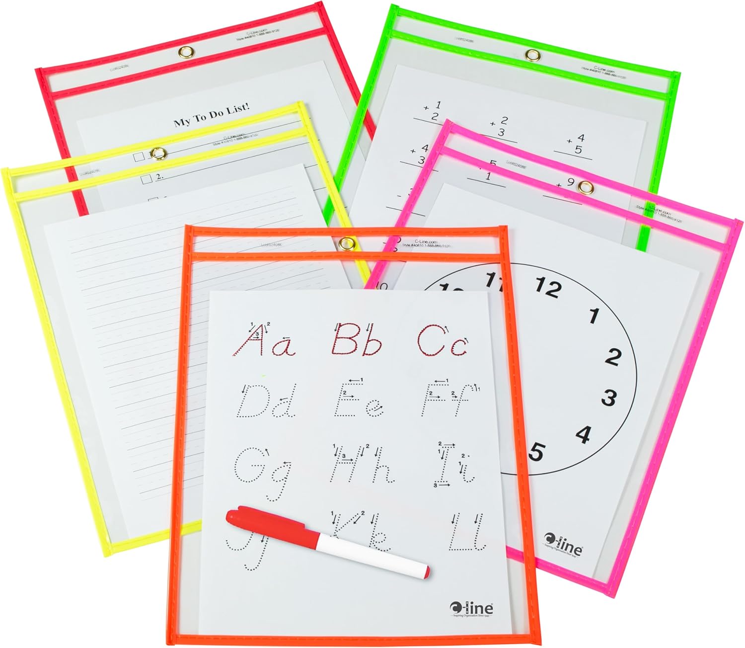 C-Line Reusable Dry Erase Pockets, 9 x 12 Inches, Assorted Neon Colors, 25 Pockets per Pack (40820) 9"W x 12"H Pack of 25