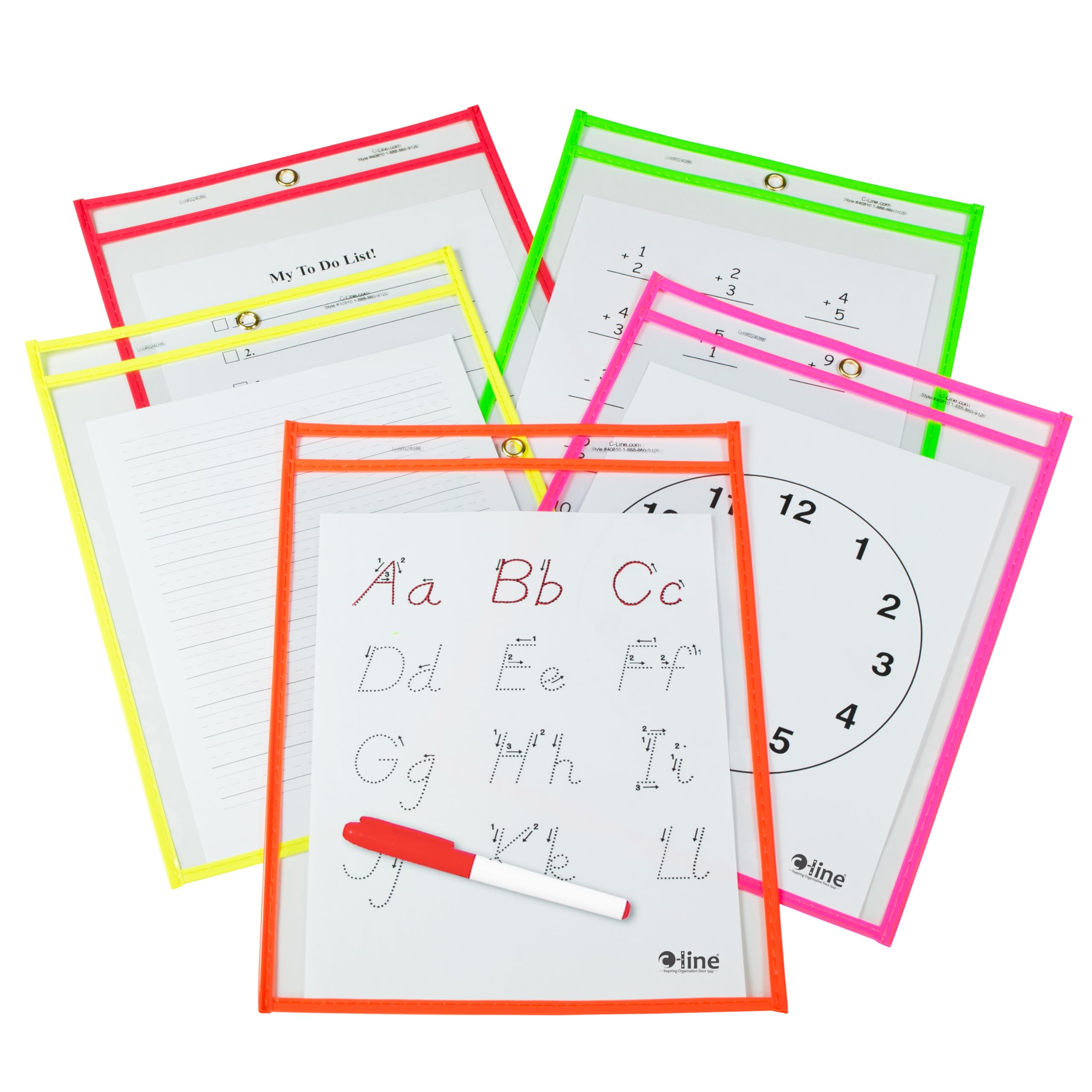 C-Line Reusable Dry Erase Pockets, 9 x 12 Inches, Assorted Neon Colors, 25 Pockets per Pack (40820) 9"W x 12"H Pack of 25
