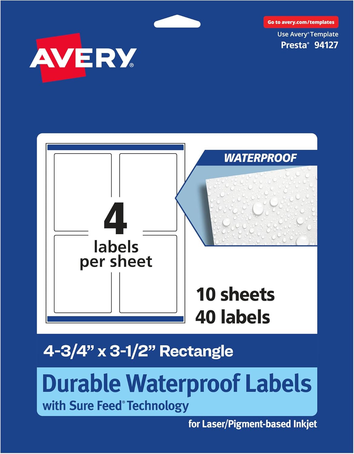 AVERY Durable Waterproof Rectangle Labels, Sure Feed Technology, 4.75" x 3.5", Print-to-The-Edge