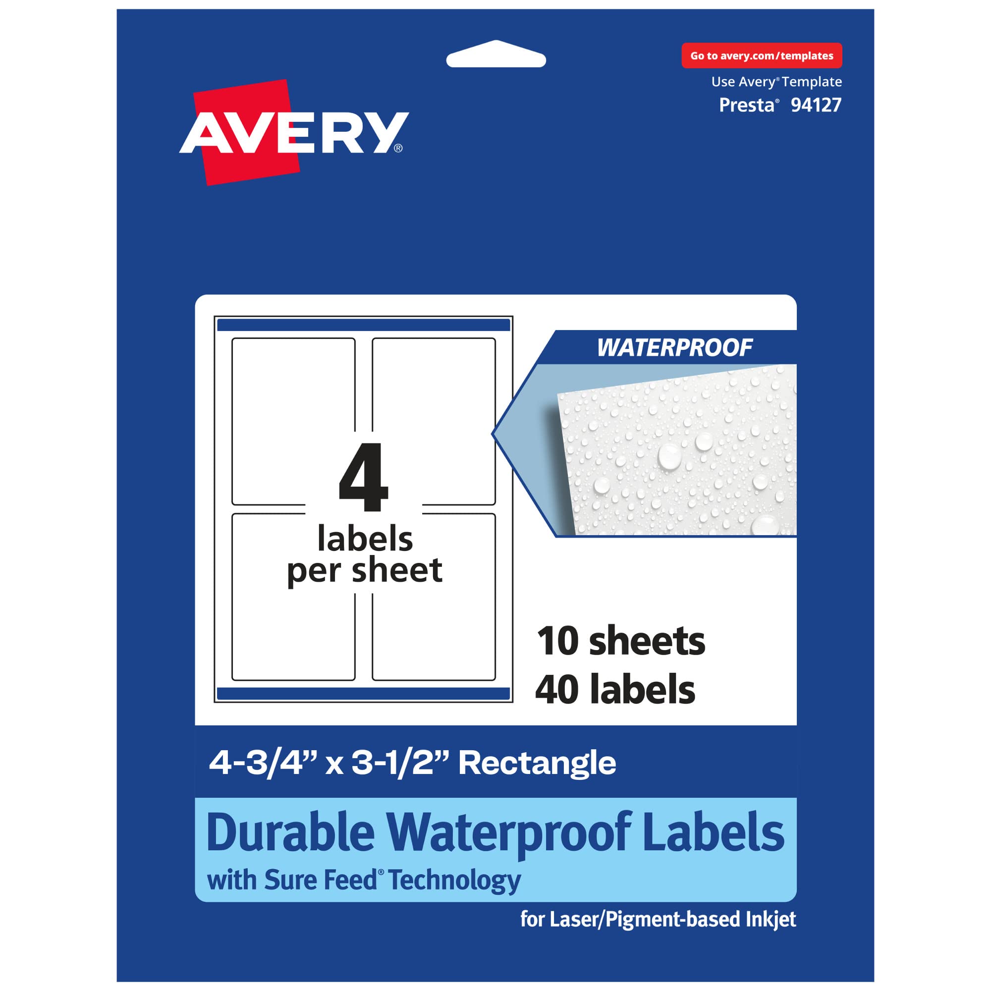 AVERY Durable Waterproof Rectangle Labels, Sure Feed Technology, 4.75" x 3.5", Print-to-The-Edge