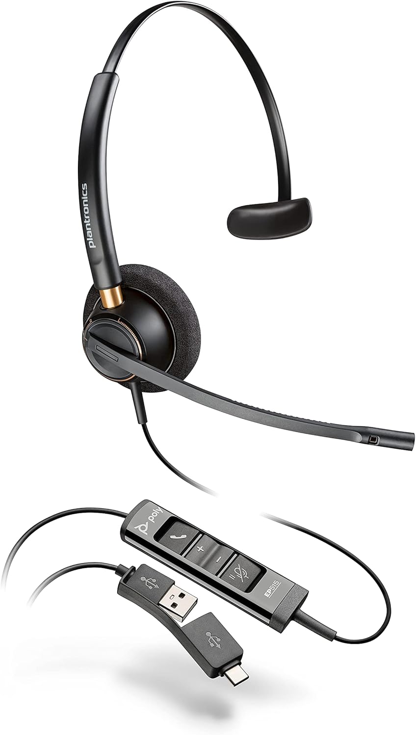 Poly - EncorePro 515 USB-A and USB-C USB Headset (Plantronics) - Cloud System Updates - Acoustic Hearing Protection