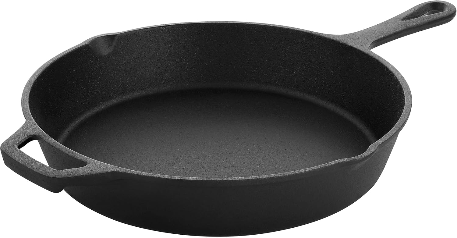 MegaChef 10 Inch Round Preseasoned Cast Iron Frying Pan with Handle in Black