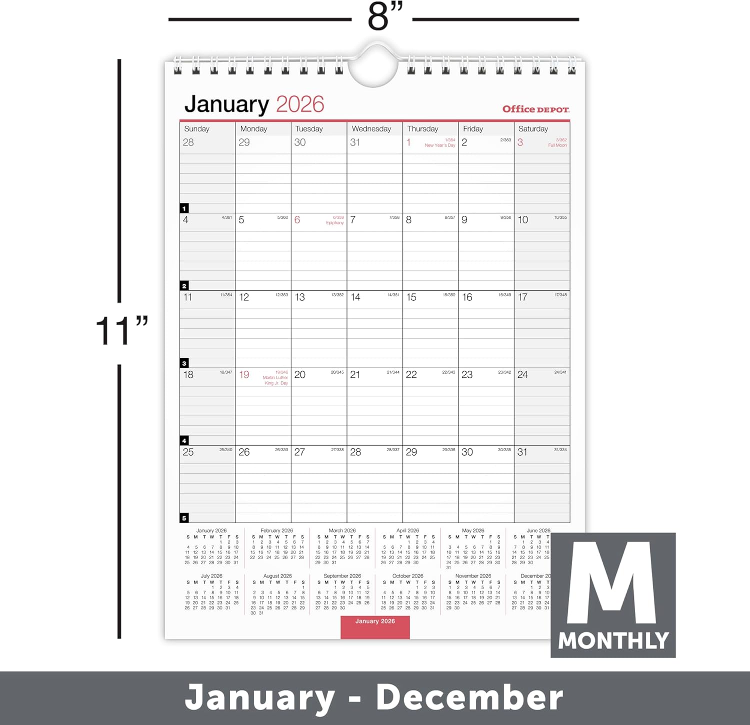 Office Depot Brand Monthly Wall Calendar, 8" x 11", White, January 2026 to December 2026, OD30132826