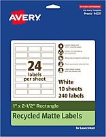 Avery EcoFriendly Matte White Recycled Rectangle Labels, 1" x 2.5", Matte White Labels, Permanent Adhesive, Laser/Inkjet Printable, 240 Total