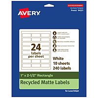 Avery EcoFriendly Matte White Recycled Rectangle Labels, 1" x 2.5", Matte White Labels, Permanent Adhesive, Laser/Inkjet Printable, 240 Total