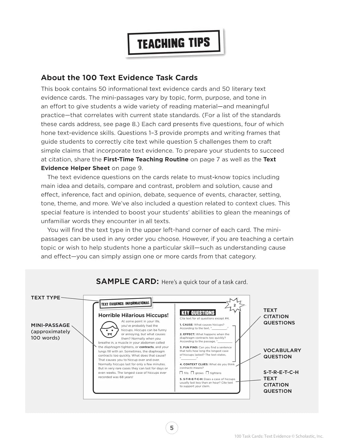 100 Task Cards: Text Evidence: Reproducible Mini-Passages With Key Questions to Boost Reading Comprehension Skills
