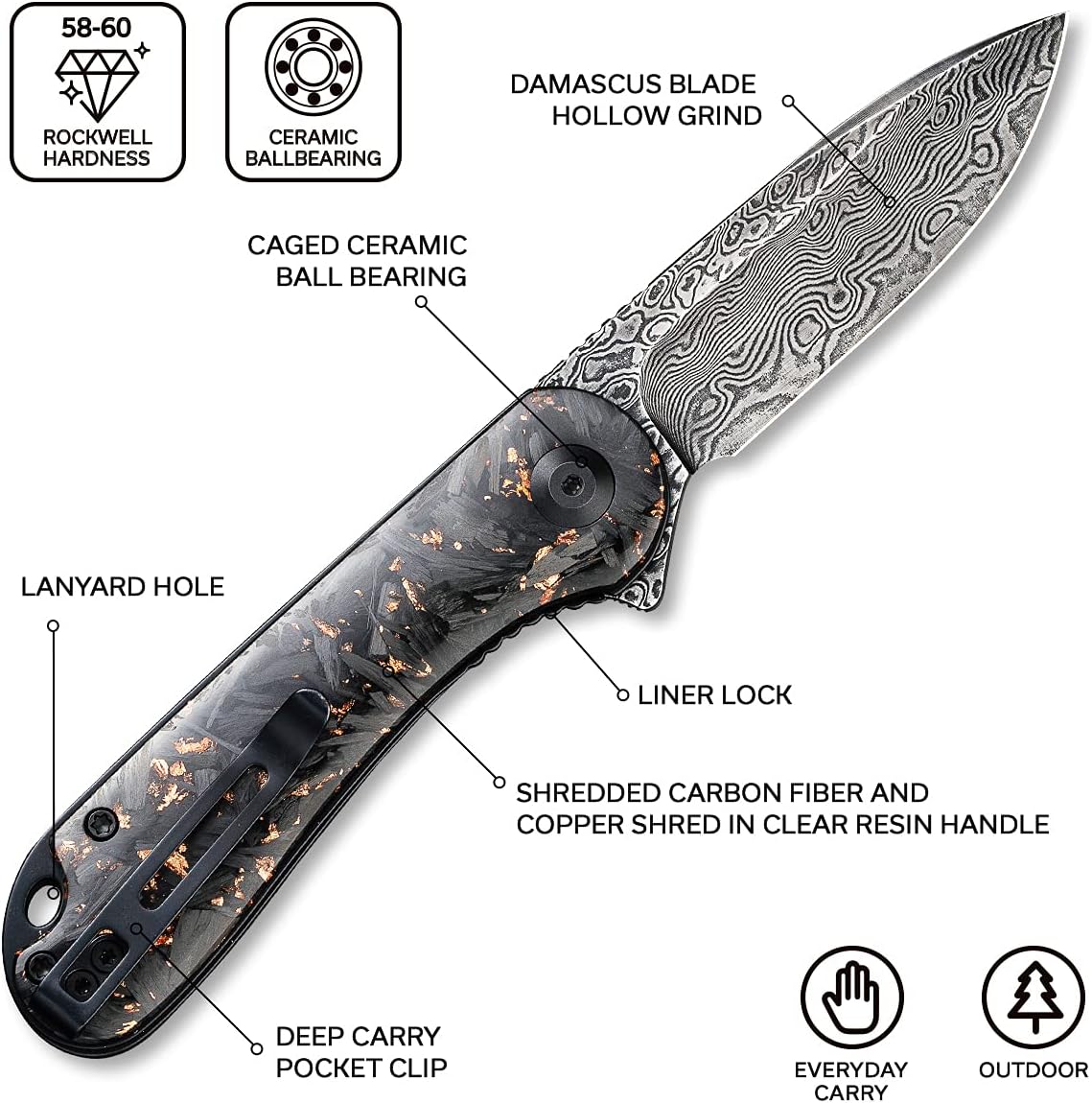 CIVIVI Elementum Folding Pocket Knife 2.96" Damascus Blade