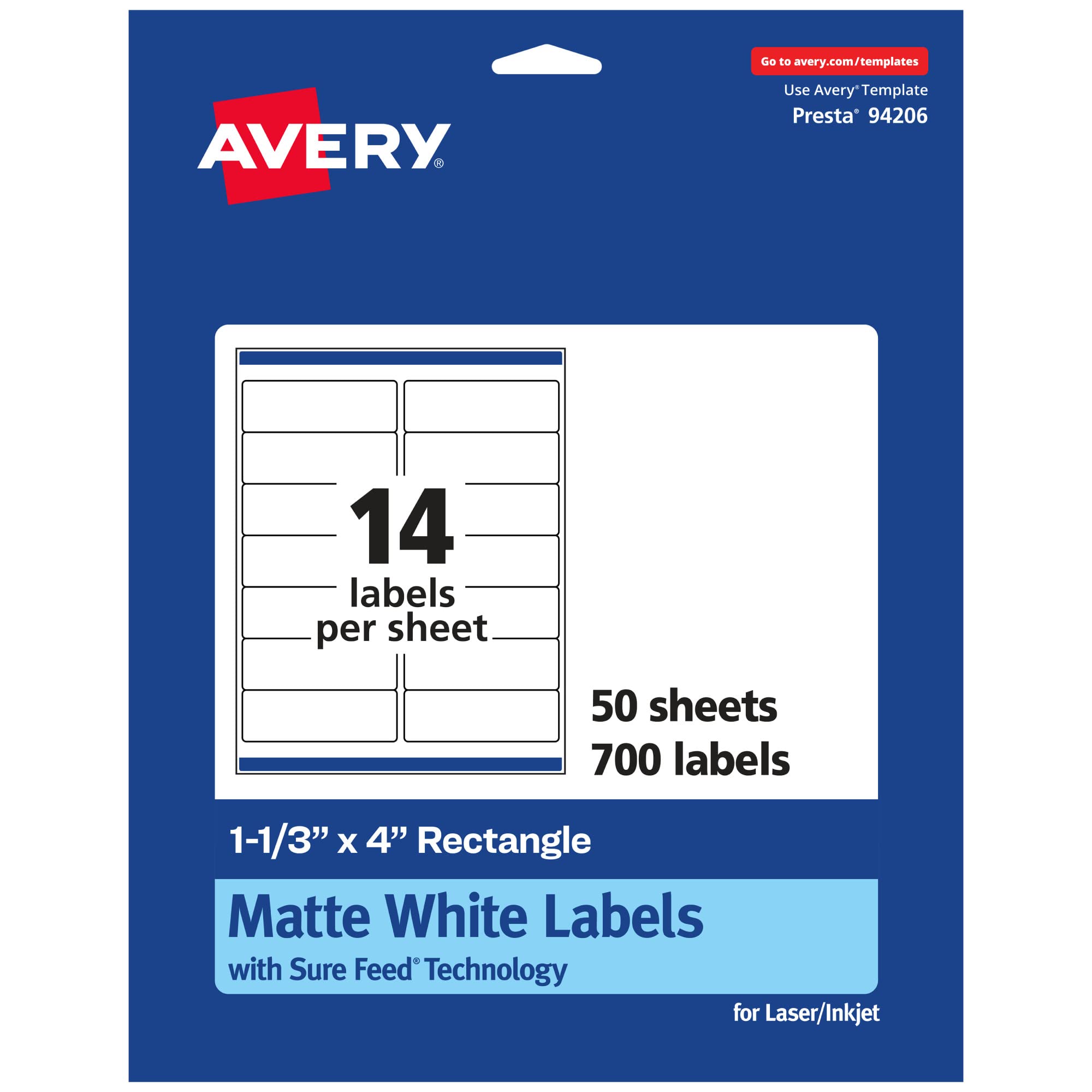Avery Matte White Rectangle Labels, Sure Feed Technology, 1-1/3" x 4", Permanent Adhesive, Laser/Inkjet Printable