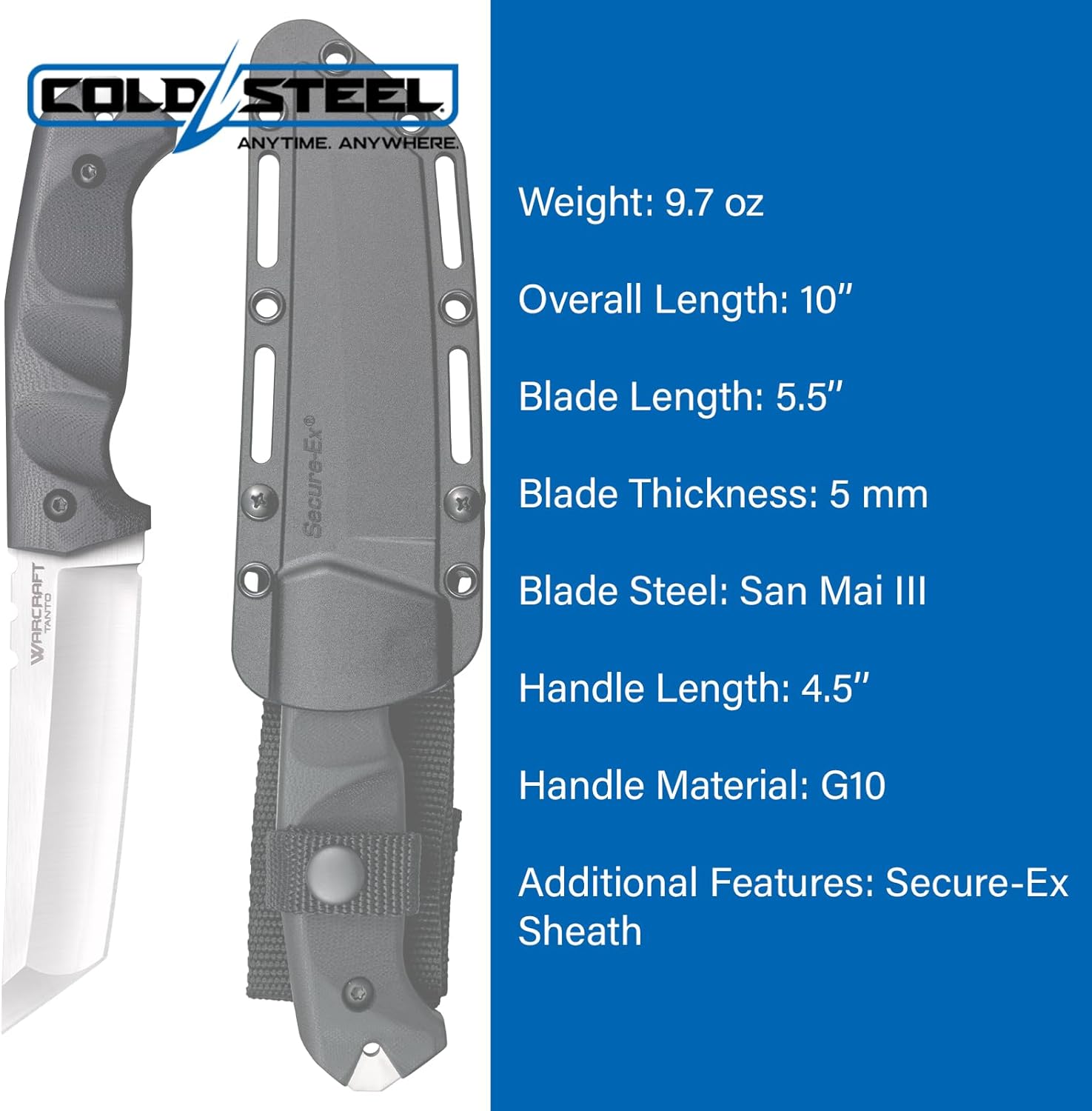 COLD STEEL Warcraft San Mai III Tanto Fixed Blade Knife with G-10 Handle and Secure-Ex Sheath