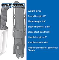 COLD STEEL Warcraft San Mai III Tanto Fixed Blade Knife with G-10 Handle and Secure-Ex Sheath