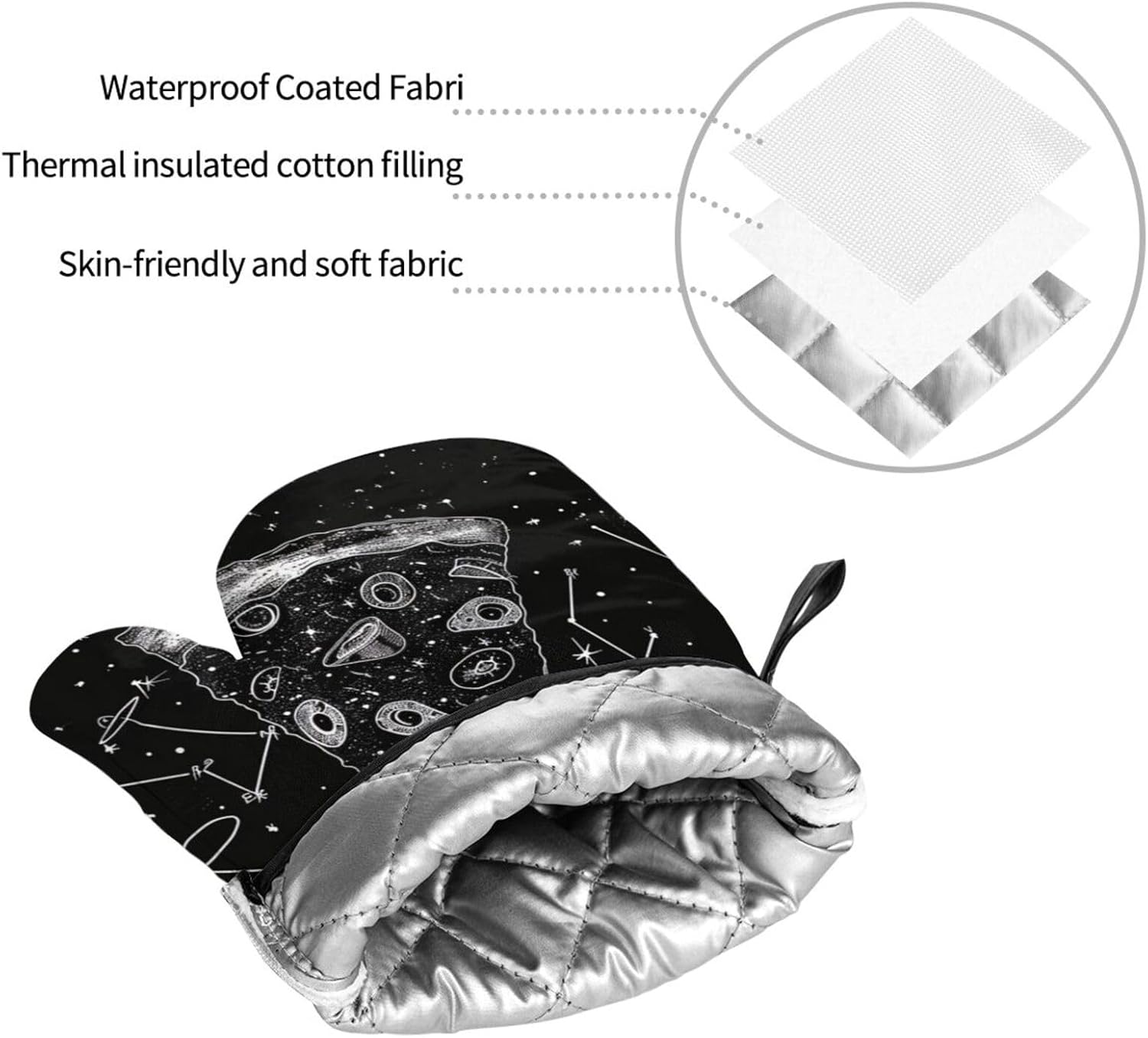 Pizza Constellation Oven Mitts and Pot Holders Set of 4 - Heat Resistant, Waterproof Fabric - Ideal for Kitchen, Baking