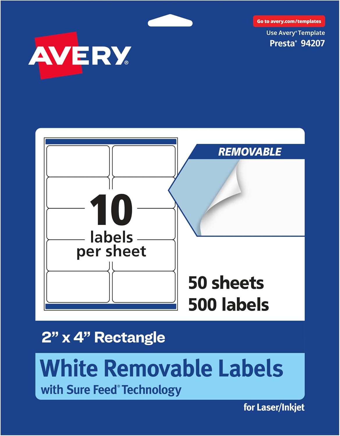 Avery Matte White Removable Rectangle Labels, Sure Feed Technology, 2" x 4"