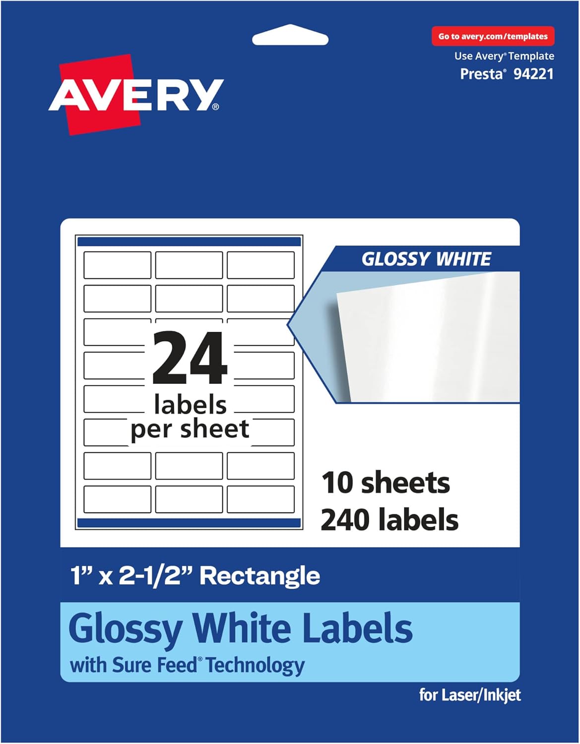 AVERY Glossy White Rectangle Labels, Sure Feed Technology, 1" x 2.5", Permanent Adhesive, Laser/Inkjet Printable