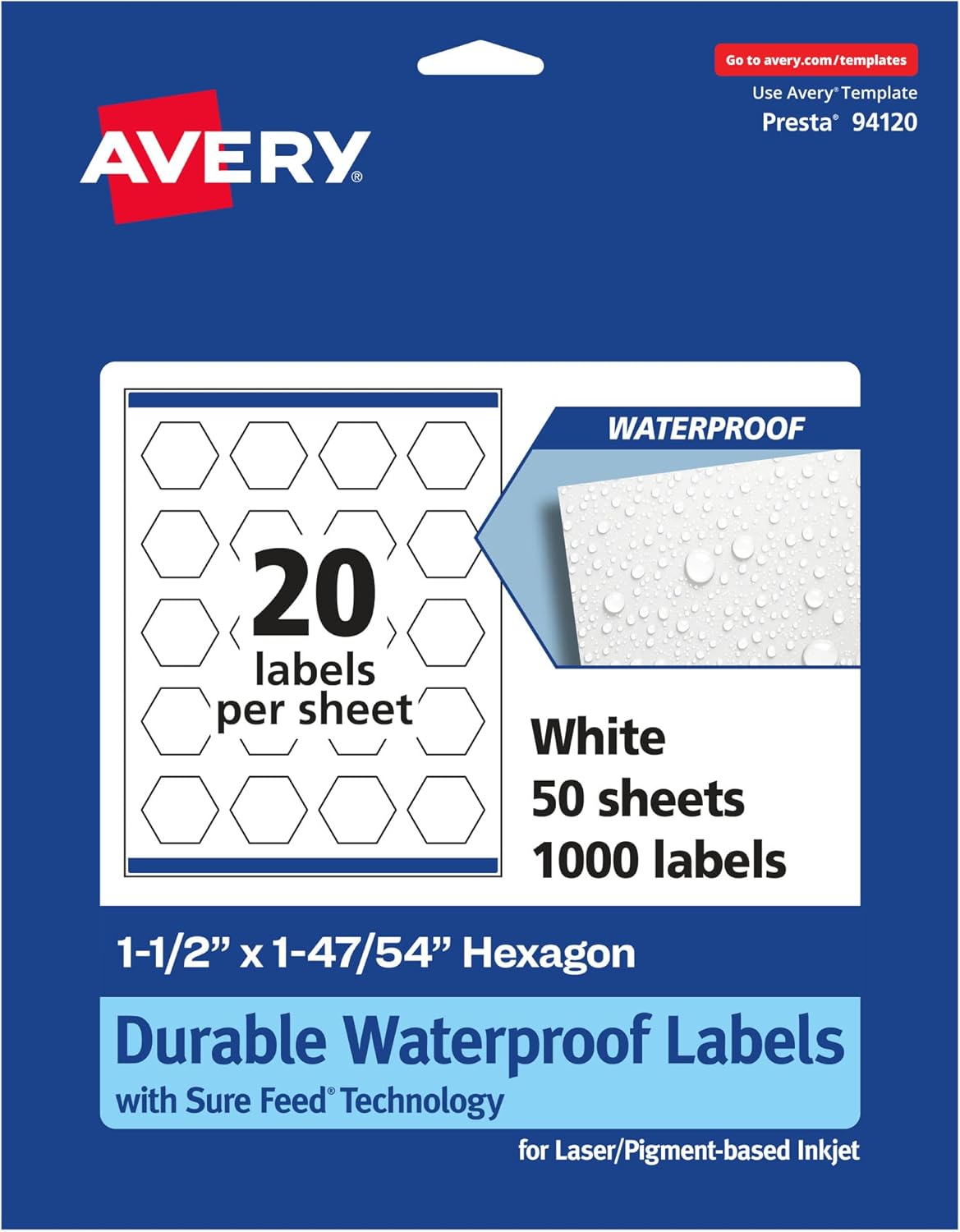 AVERY Durable Waterproof Hexagon Labels, Sure Feed Technology, 1-1/2" x 1-47/54"