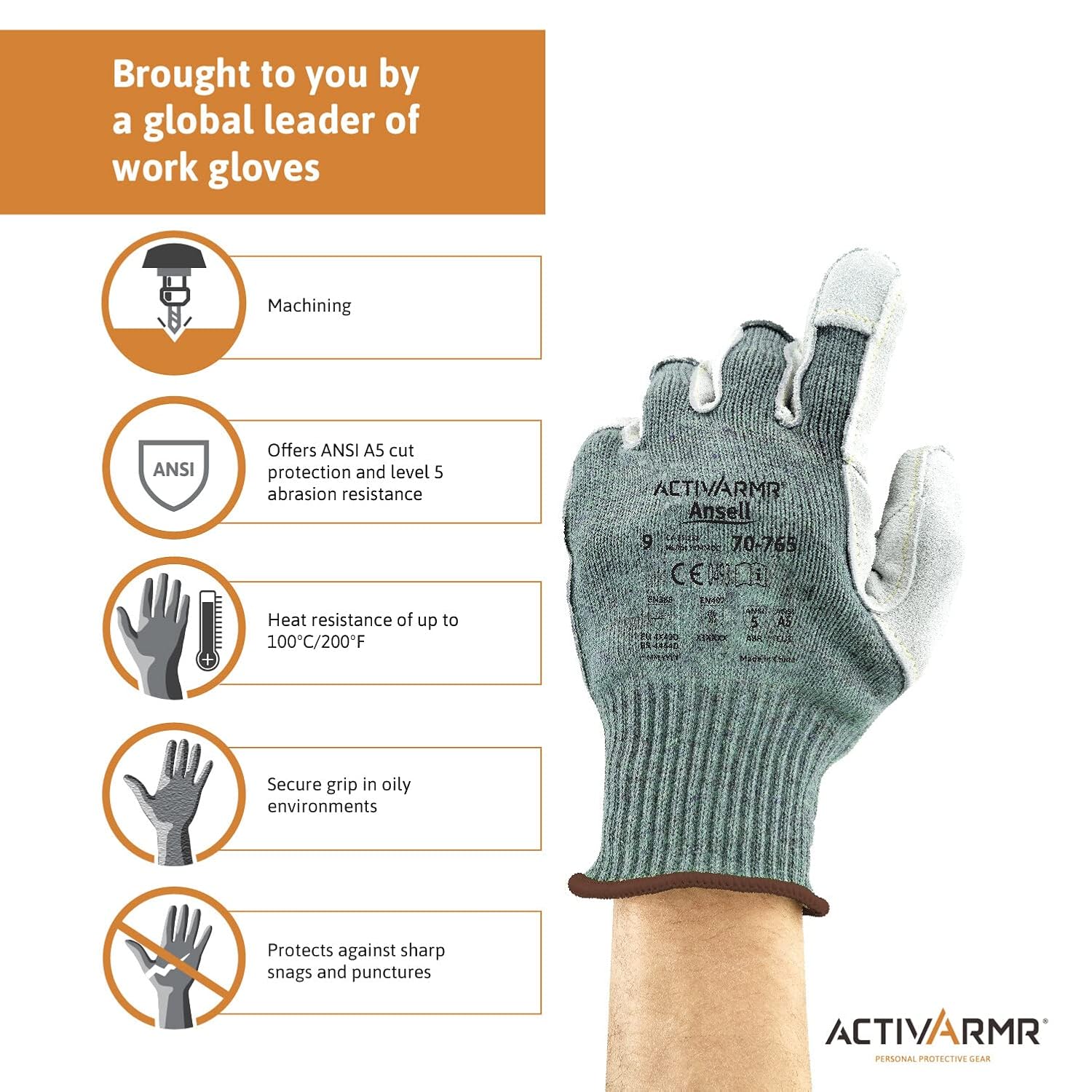 Ansell 707658 Vantage 70-765 Medium Weight Dupont Kevlar Blended Knit Glove with Leather Palm, 9" Length, 7" Width