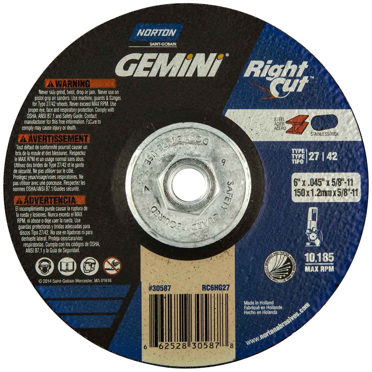 Norton 66252830587 6X.045x5/8-11 in. Gemini RightCut AO Right Angle Cut-Off Wheels, Type 27/42, 24 Grit, 10 Pack