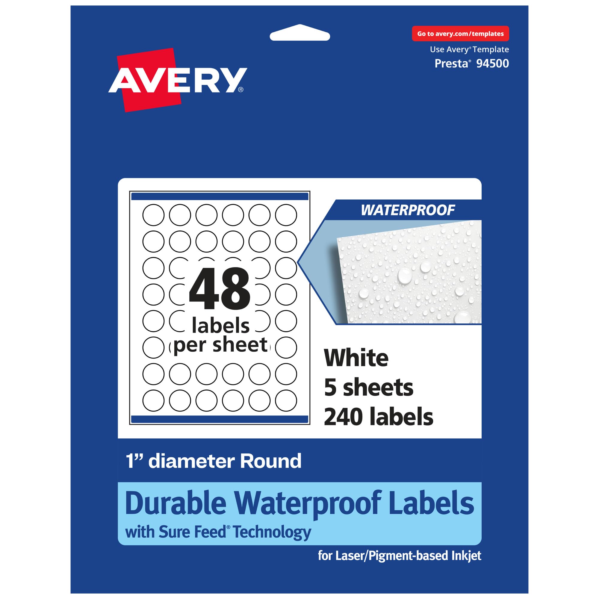 Avery Durable Waterproof Round Labels, Sure Feed Technology, Print-to-The-Edge, 1" Diameter