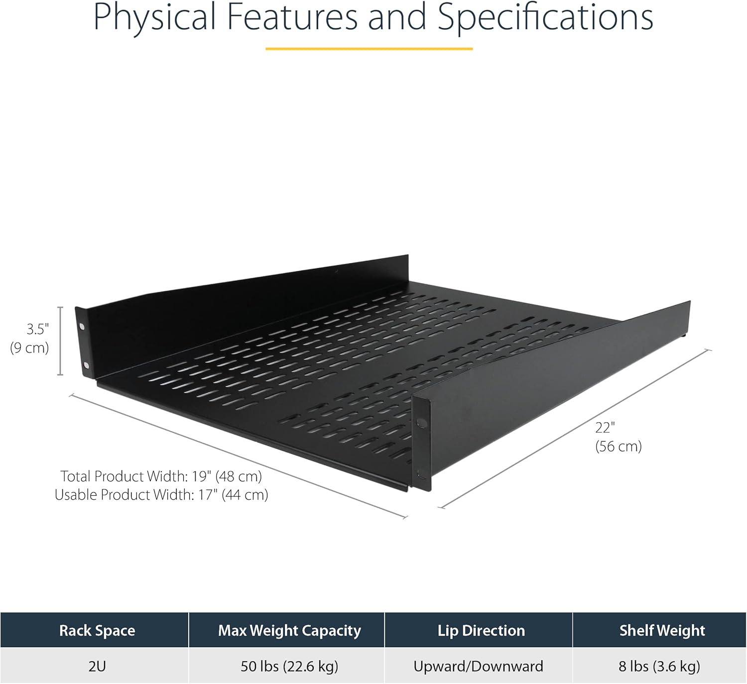 StarTech.com 2U Server Rack Shelf - Universal Vented Rack Mount Cantilever Tray for 19" Network Equipment Rack - 50LB/23KG