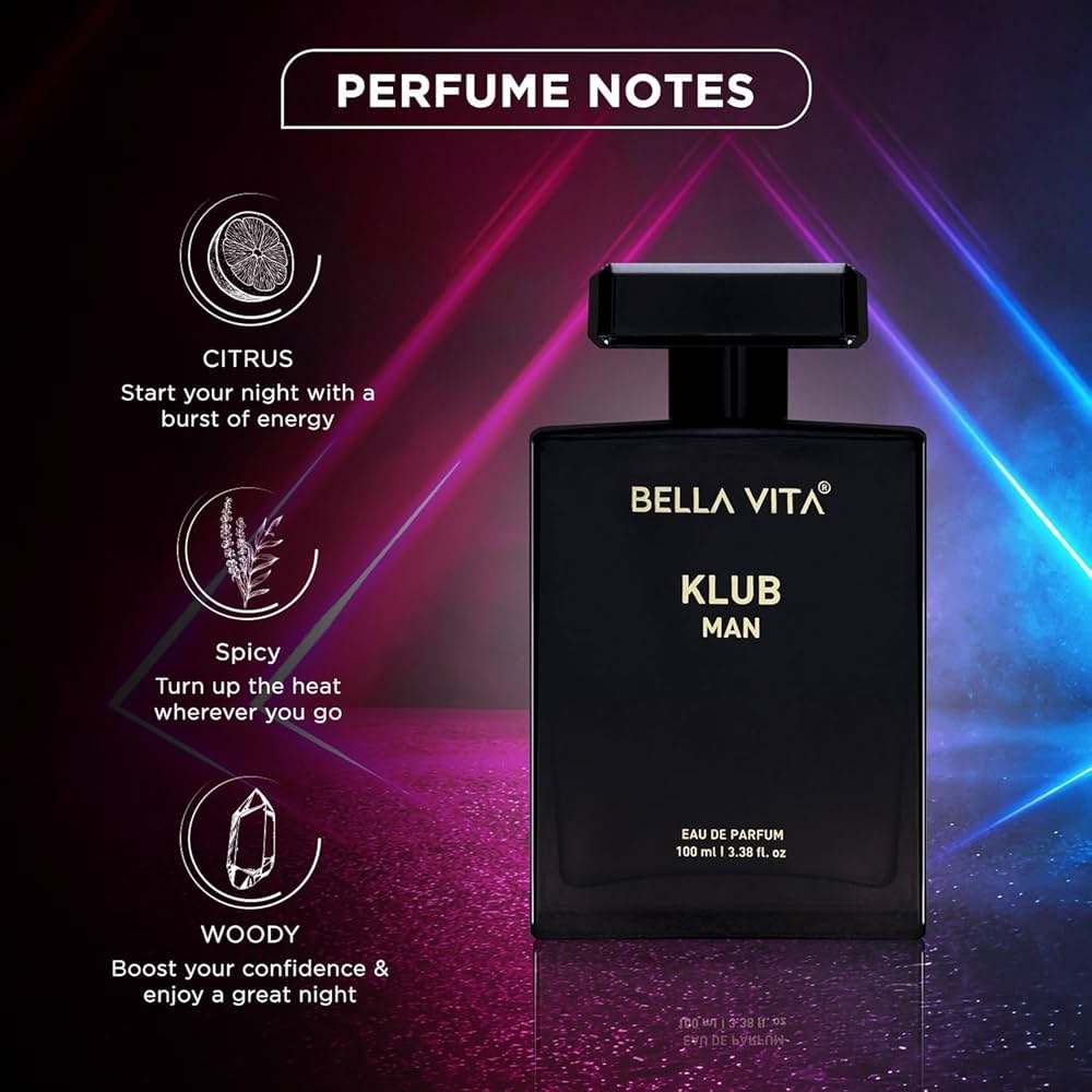 Bella Vita Luxury Klub Men Eau De Parfum Liquid Perfume With Lemon, Rose And Vanilla|Musky And Spicy Long Lasting Premium Edp Fragrance Fresh Scent, 100Ml
