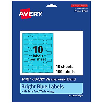 Avery Printable Wraparound Band Labels, Sure Feed Technology, 1.5" x 3.5", Bright Blue, Cigar Band Labels, Print-to-The-Edge