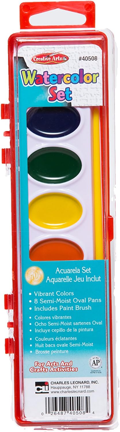 Charles Leonard Creative Arts Watercolor Paint Pan Kit Class Pack, 8 Assorted Colors, 1 Oz Palette Tray, 36 Kits/Box (40536)
