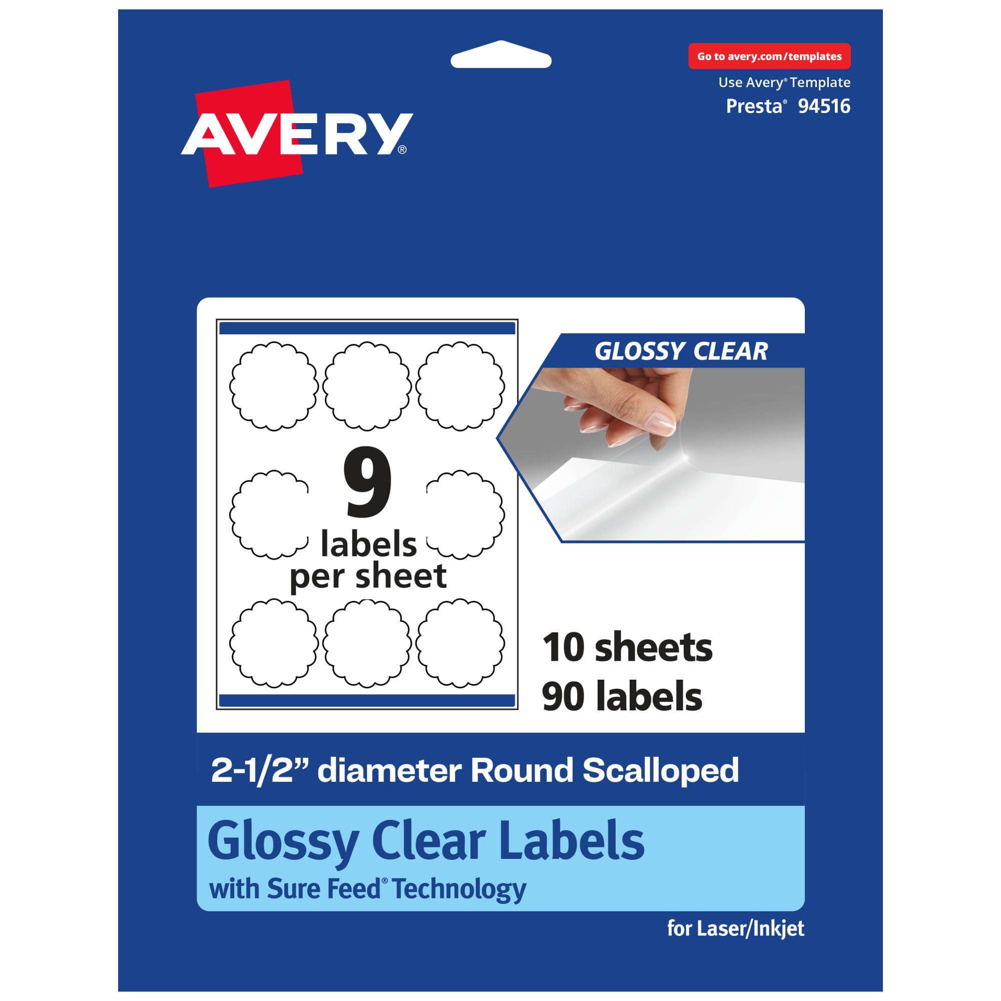 Avery Glossy Clear Round Scalloped Labels, Sure Feed Technology, 2.5" Diameter