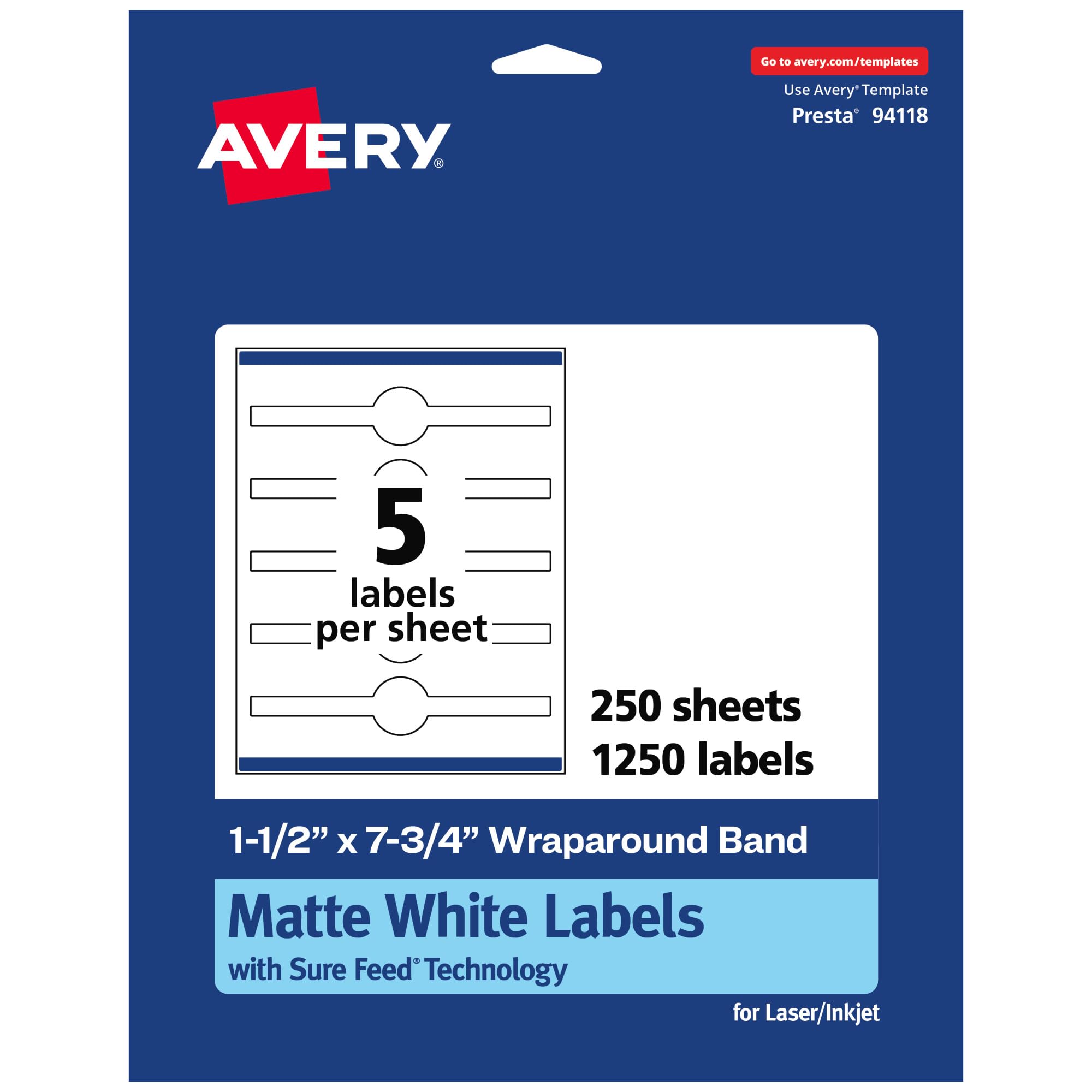 Avery Matte White Wraparound Band Labels, Sure Feed Technology, 1.5" x 7.75", Cigar Band Labels, Print-to-The-Edge - 811108