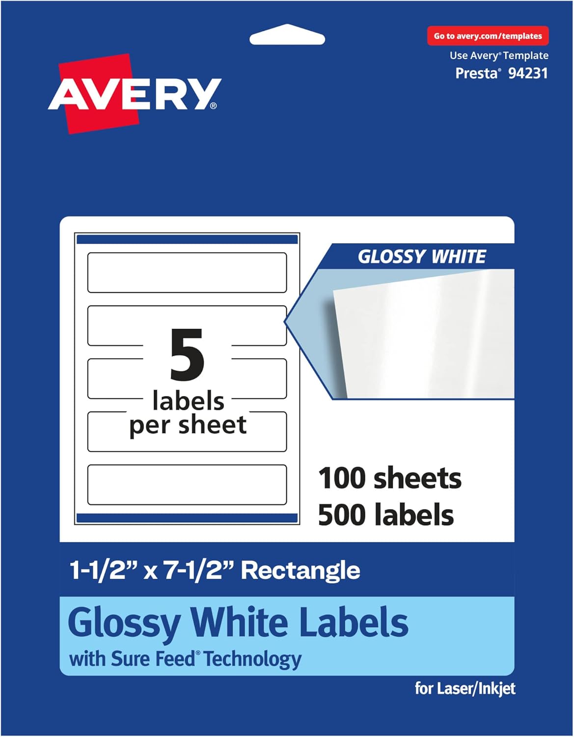 AVERY Glossy White Rectangle Labels, Sure Feed Technology, 1.5" x 7.5"