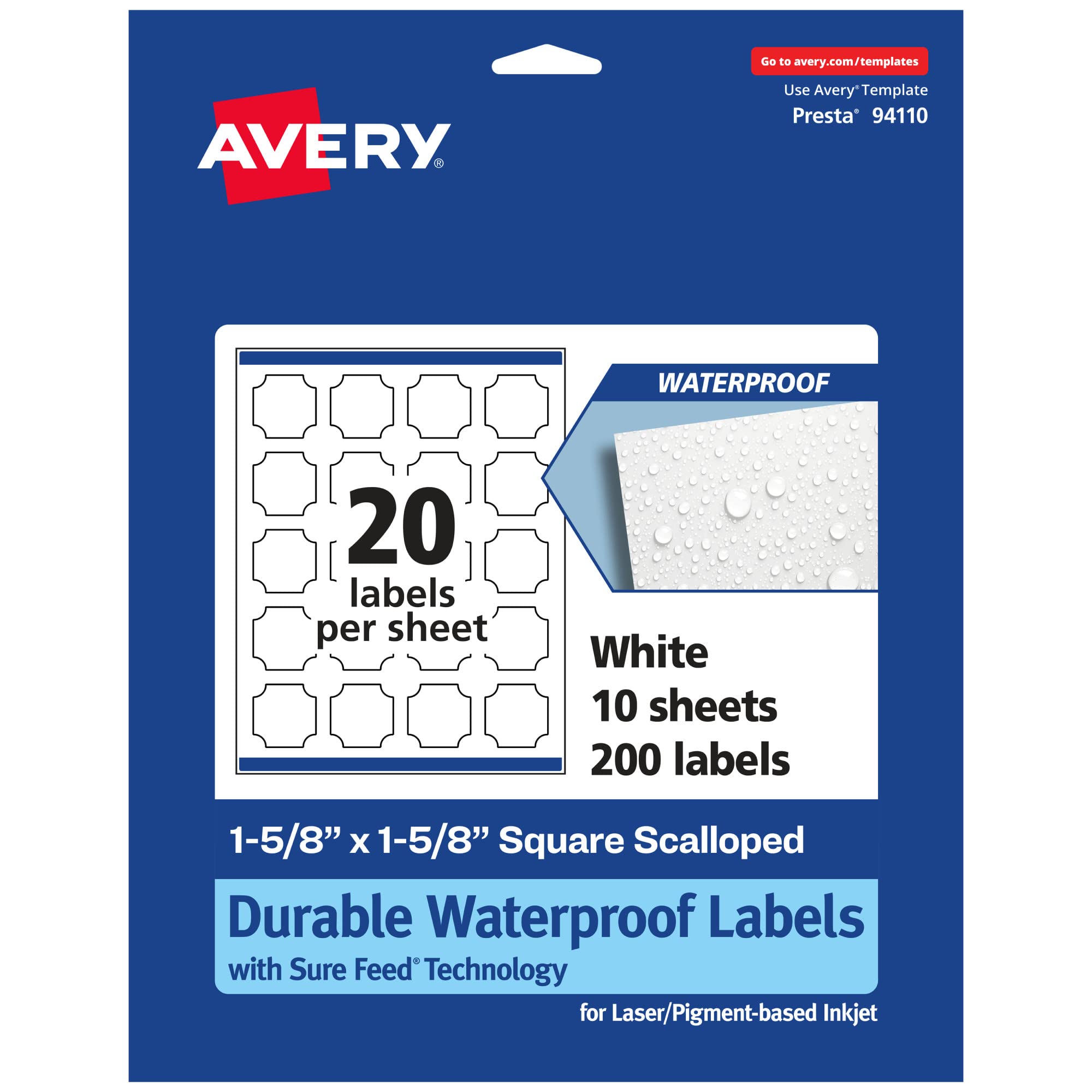 AVERY Durable Waterproof Square Scalloped Labels, Sure Feed Technology, 1-5/8" x 1-5/8"