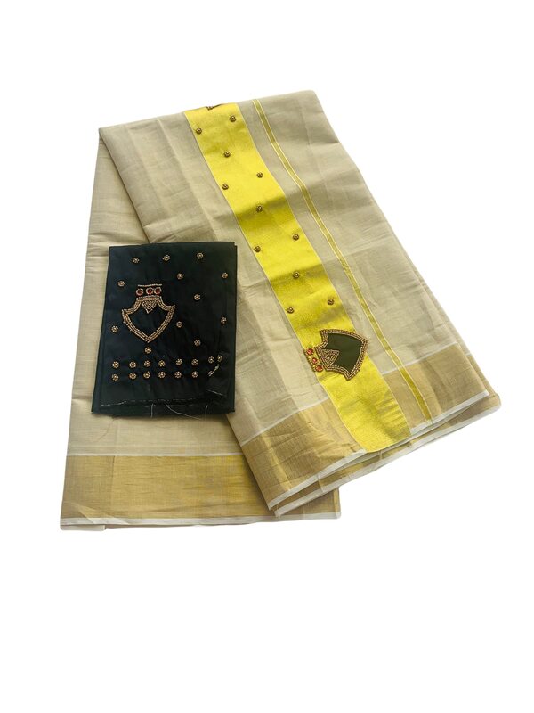 Kuthampully Kerala Kasavu Sarees For Women | Handcrafted Aari work Palakka Kerala Sarees | Tissue Onam Saree With Running Blouse | South Indian Sarees | Women's Zari Kasavu | EKM-596 (Black)