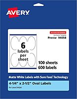 Avery Matte White Oval Printable Labels, Sure Feed Technology, 4.25 x 2.5, Permanent Adhesive