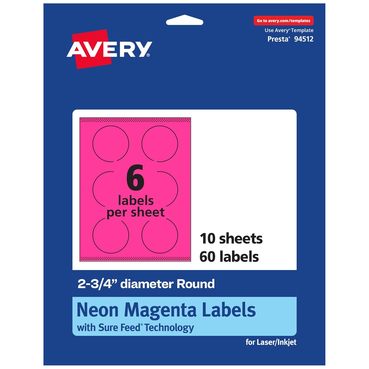 Avery Printable Round Labels, Sure Feed Technology, 2.75" Diameter, Neon Magenta Labels, Print-to-The-Edge