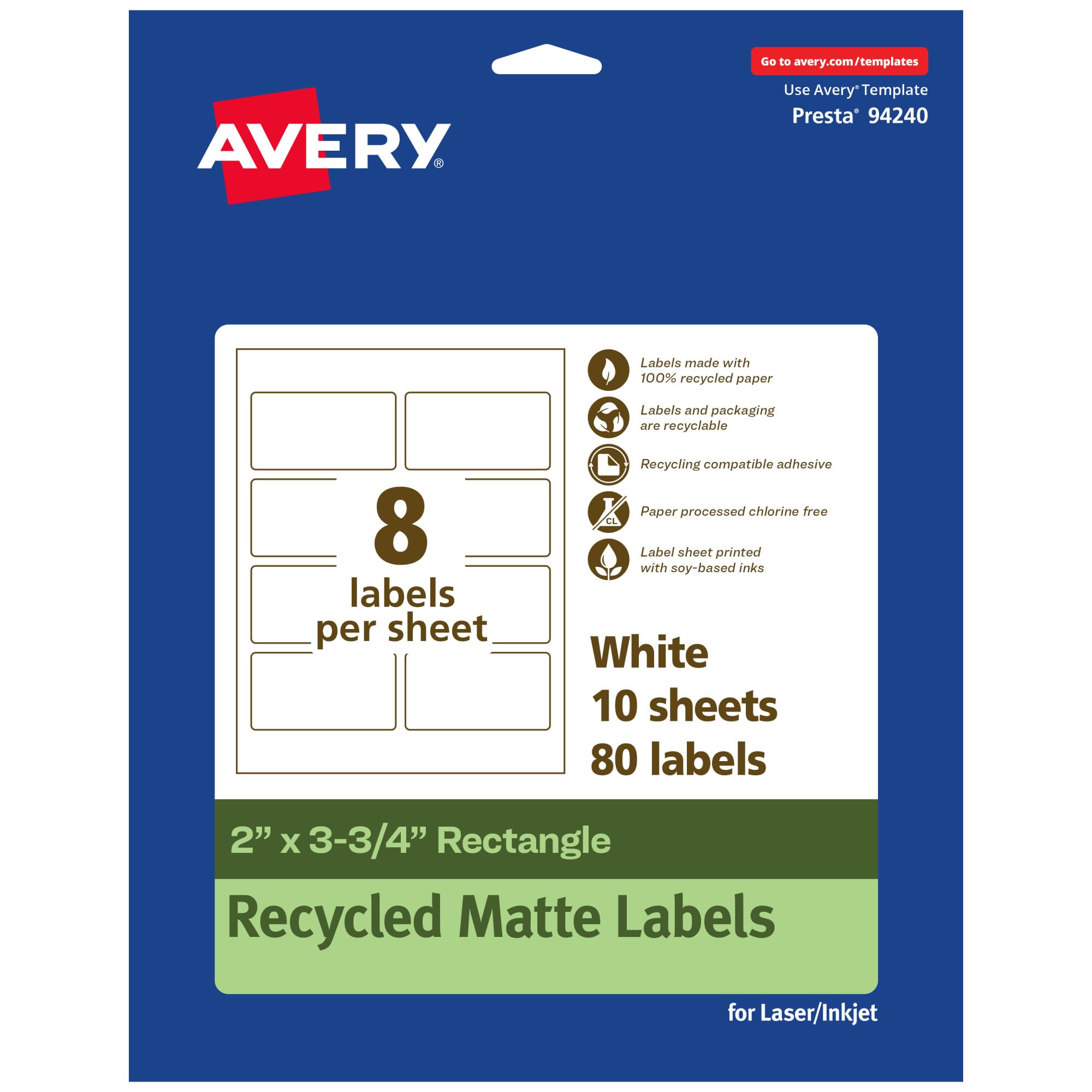 Avery EcoFriendly Matte White Recycled Rectangle Labels, 2" x 3.75", Print-to-The-Edge, Permanent Adhesive