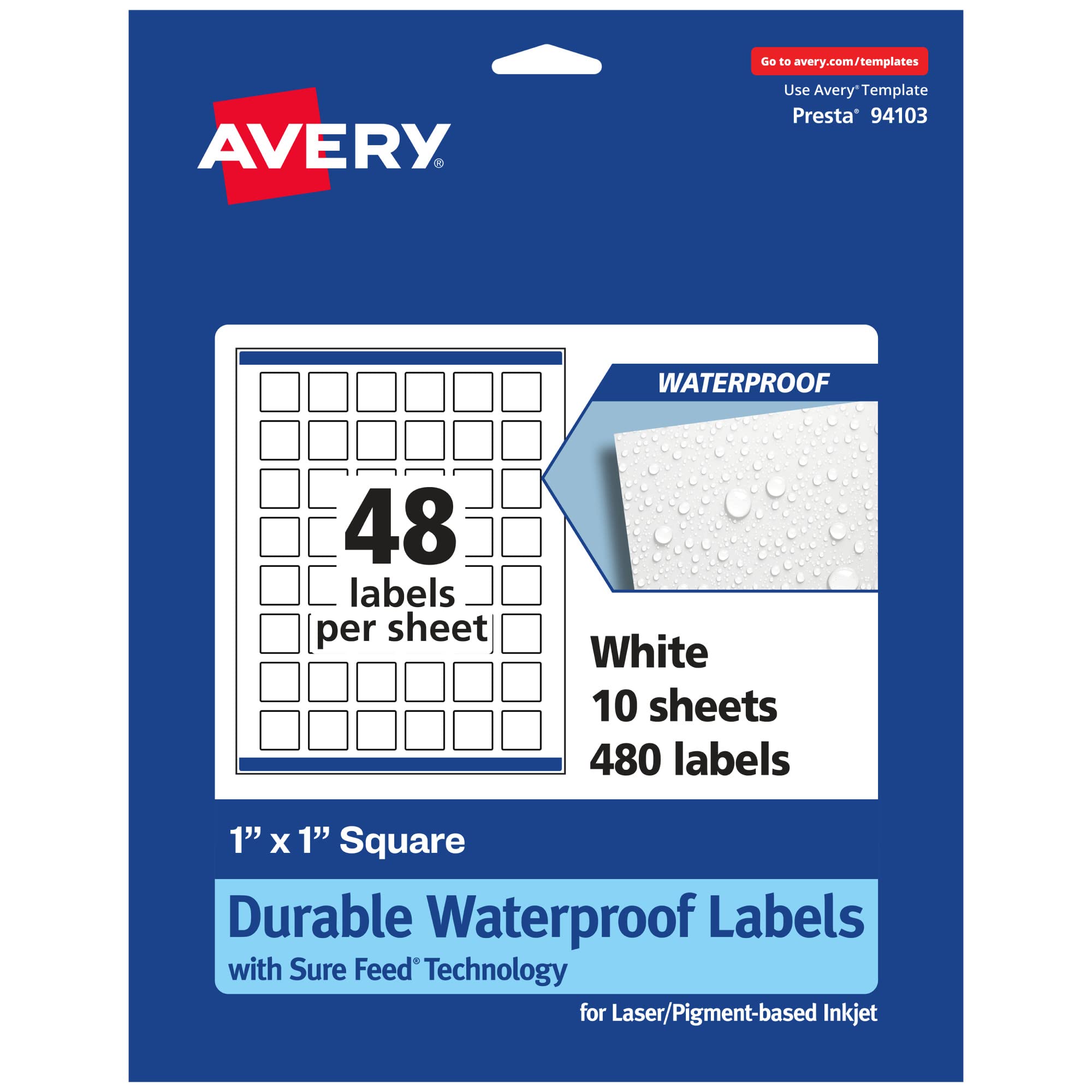 Avery Durable Waterproof Square Labels, Sure Feed Technology, 1" x 1" Film Labels, Print-to-The-Edge