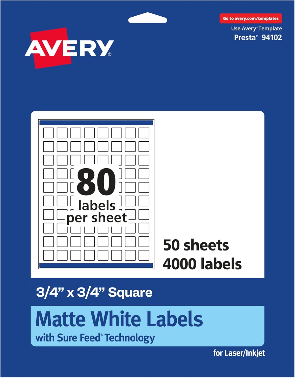 Avery Matte White Square Labels, Sure Feed Technology, 3/4" x 3/4"