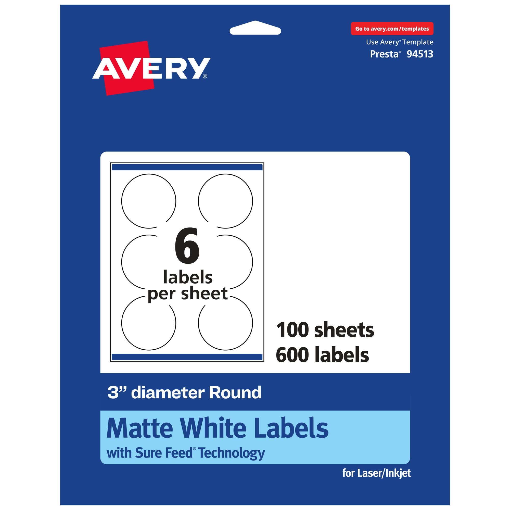 Avery Matte White Round Labels, Sure Feed Technology, 3" Diameter