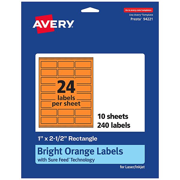 Avery Printable Rectangle Labels, Sure Feed Technology, 1" x 2.5", Bright Orange