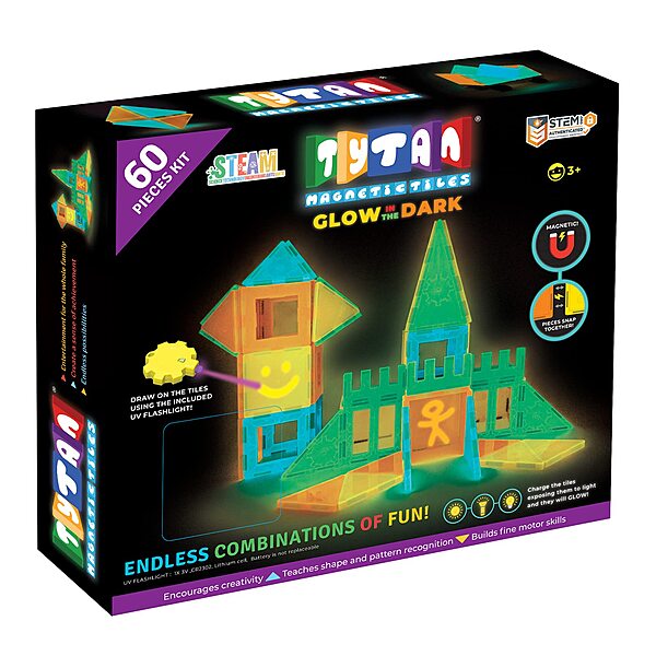 Tytan Tiles Glow in The Dark 60-Piece Magnetic Tiles Building Set, Diverse Multi-Color Shapes, STEM Toy, Cars, Creative Play