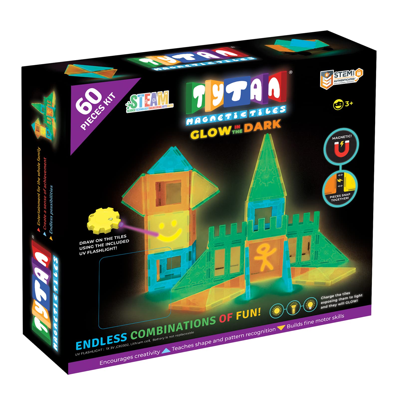 Tytan Tiles Glow in The Dark 60-Piece Magnetic Tiles Building Set, Diverse Multi-Color Shapes, STEM Toy, Cars, Creative Play
