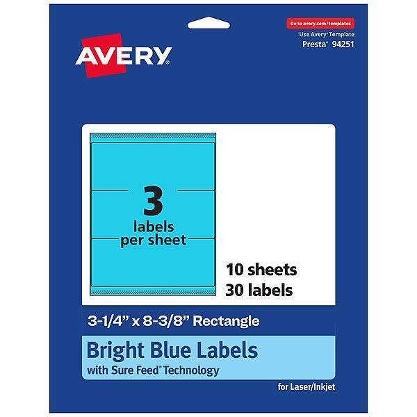 Avery Printable Rectangle Labels, Sure Feed Technology, 3-1/4" x 8-3/8", Bright Blue Labels, Laser/Inkjet Printable, 30 Total, Great for Candles and Jars 30 labels