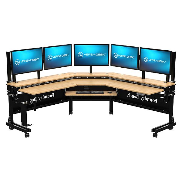 VERSADESK® Foundry Bench 80" x 80" Extra Wide L-Shaped Split-Level Corner Standing Desk | Electric Height Adjustable. 1" Bamboo Surface. USB & USBC Charging Ports. Mobile App Controllable.