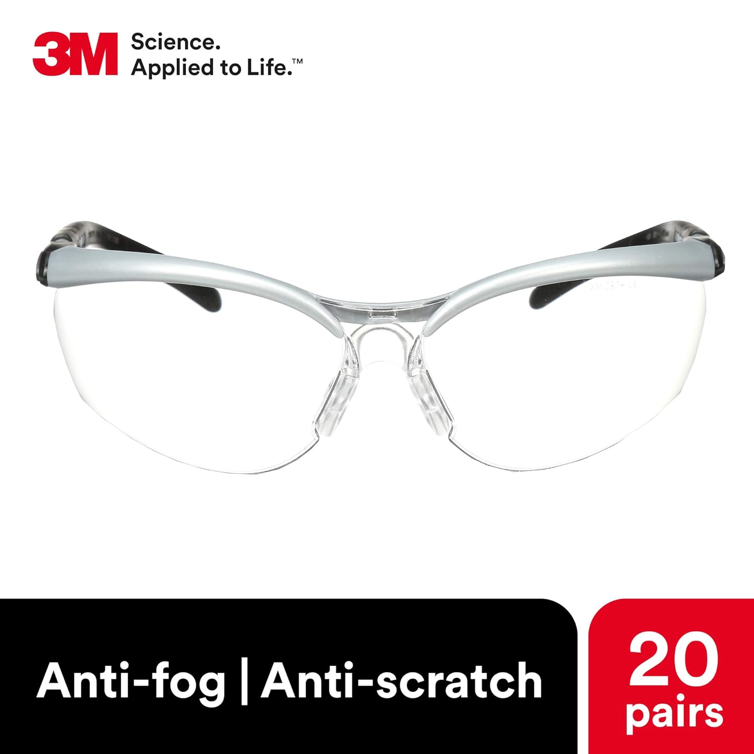 3M BX Safety Glasses, 20 Pair, ANSI Z87, Anti-Fog Anti-Scratch Clear Lens, Silver/Black Frame