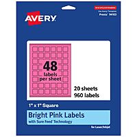 AVERY Printable Square Labels, Sure Feed Technology, 1" x 1", Bright Pink, Print-to-the-Edge