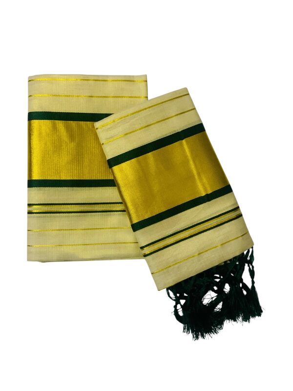 Women's Kuthampully Kerala Kasavu Set mundu Tissue Stripe with Kunjam | Kerala Tissue set mundu onam latest collections | Stripe Kasavu set mundu - Multi Color KTM-911 (Dark-Green)