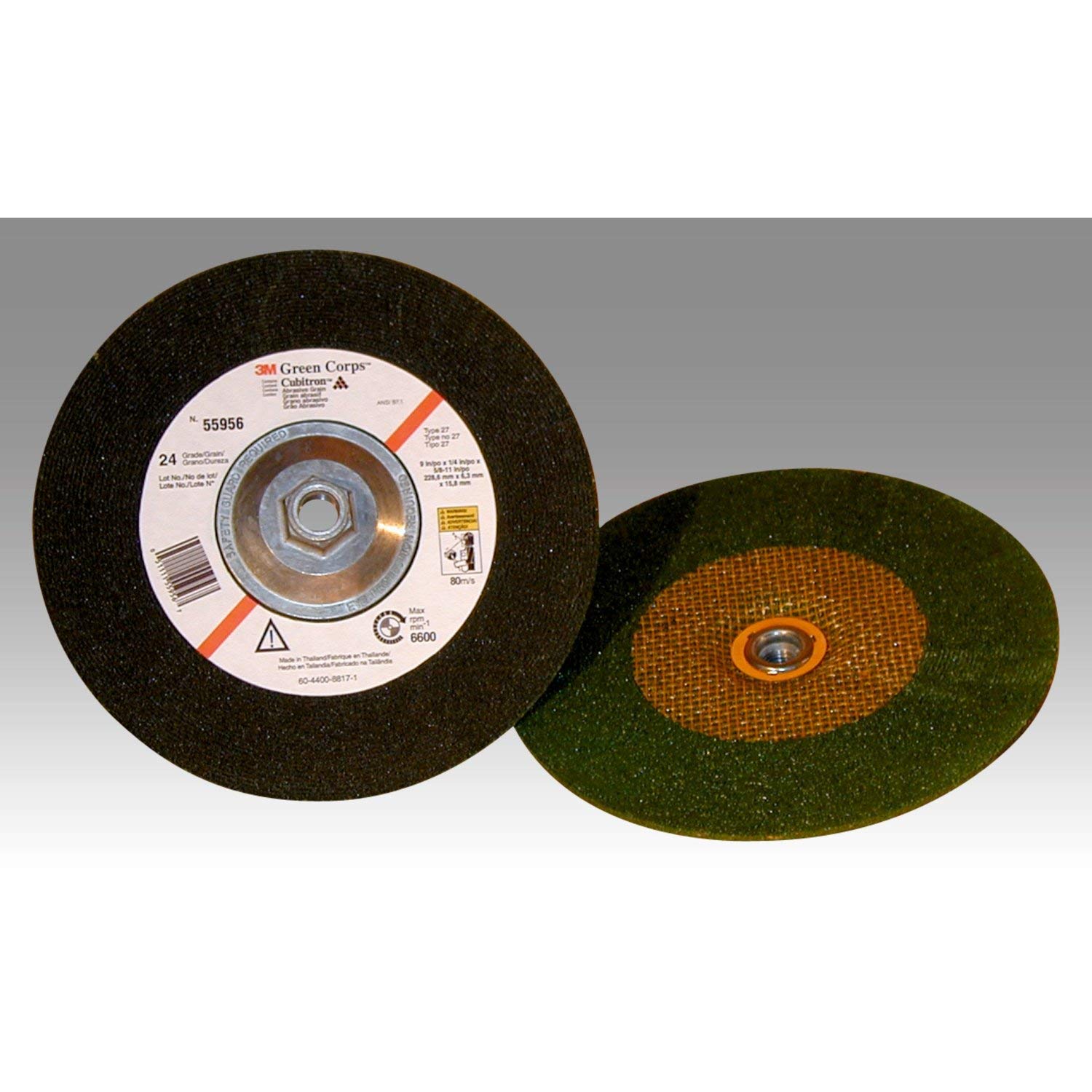 3M Green Corps Depressed Center Grinding Wheel, T27, 7 in x 1/4 in x 5/8-11 Internal 7 in Diameter x 1/4 in Thick, 5/8 in