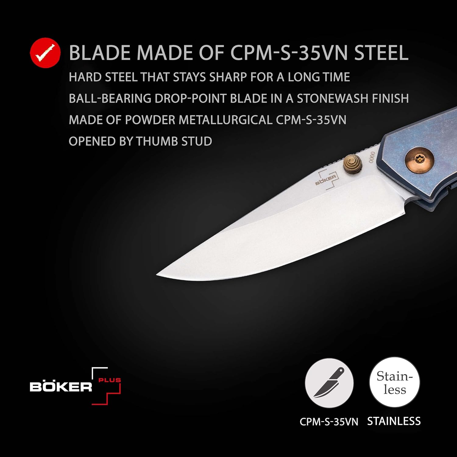 BÖKER PLUS Canoe - pocket knife with titanium handle scales - folding knife with CPM-S-35VN blade - small knife with clip